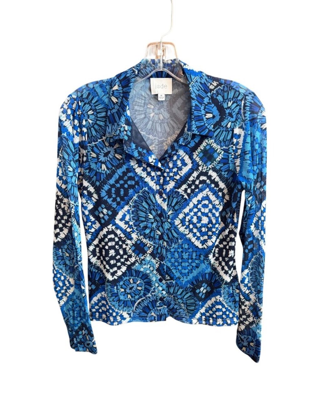 Johnny Was Jade Women's Blue Geometric Button-Up Long Sleeve Blouse Size S Polye